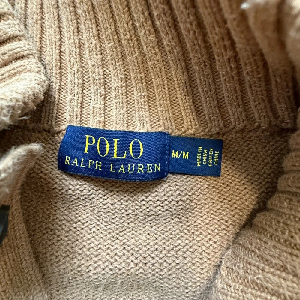 Polo Ralph Lauren Sweater Mens Medium Tan Mock Neck Quarter Button Cotton Knit